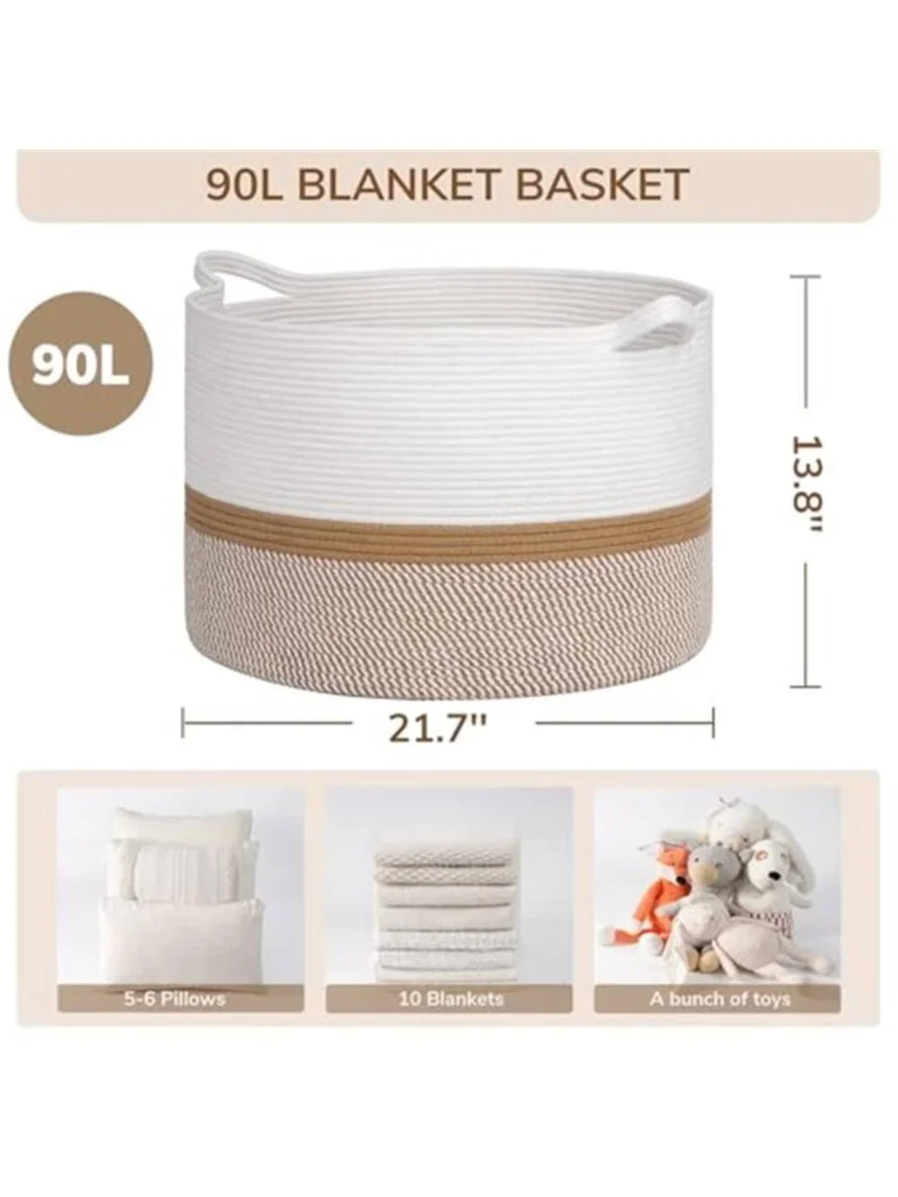 New XXXLarge Woven Rope Blanket Basket Living Room White Camel, 90L